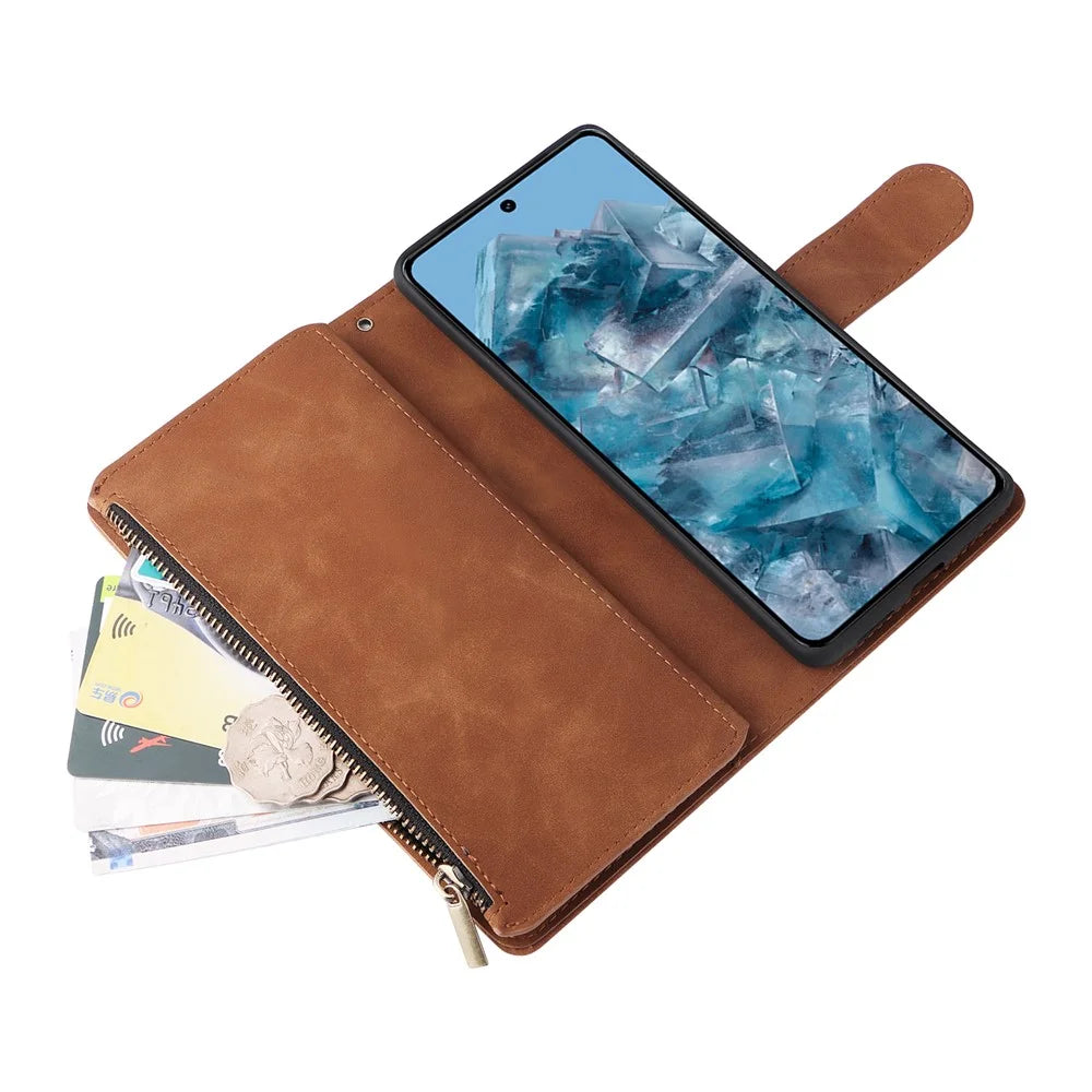 For Google Pixel 8a Cell Phone Case Zipper Wallet Card Holder Leather Drop-proof Cover - Brown - 5