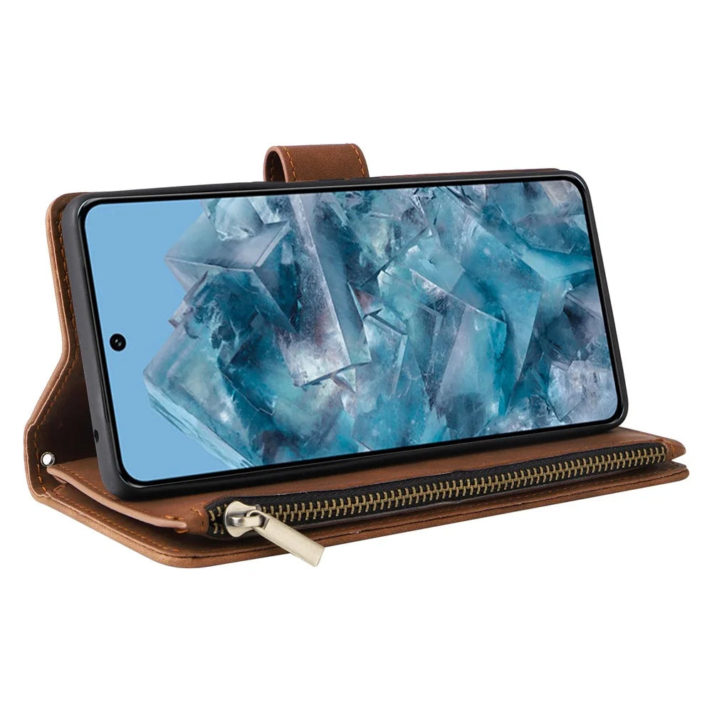 For Google Pixel 8a Cell Phone Case Zipper Wallet Card Holder Leather Drop-proof Cover - Brown - 6