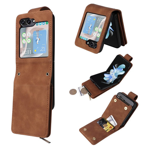 For Samsung Galaxy Z Flip5 5G Case Zipper Multi-Pocket Wallet Leather Phone Cover with Shoulder and Wrist Straps - Brown - 1