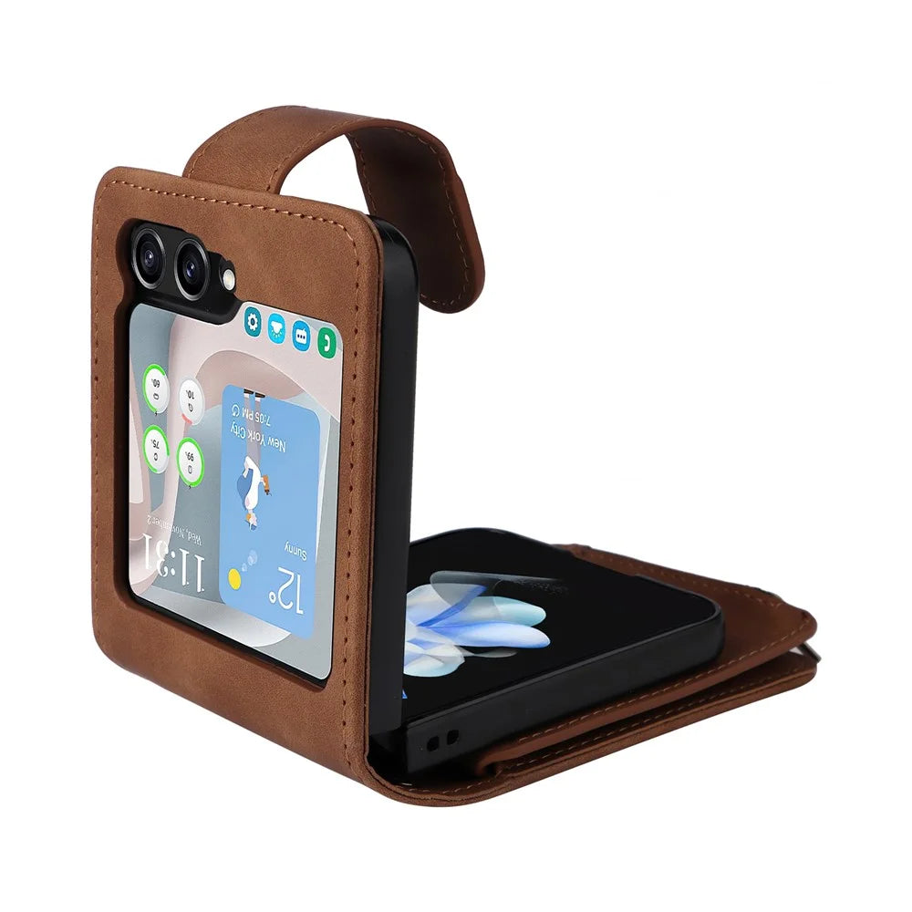 For Samsung Galaxy Z Flip5 5G Case Zipper Multi-Pocket Wallet Leather Phone Cover with Shoulder and Wrist Straps - Brown - 2