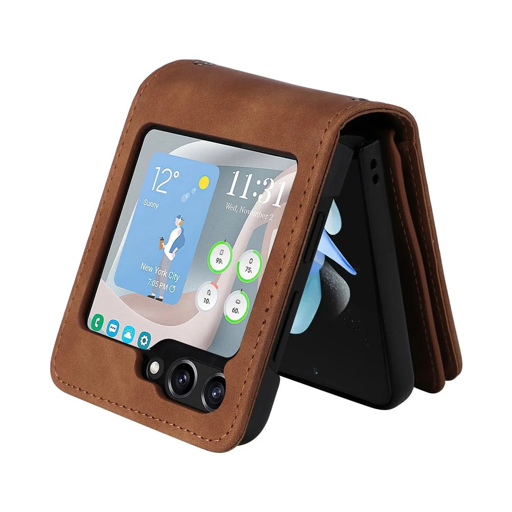 For Samsung Galaxy Z Flip5 5G Case Zipper Multi-Pocket Wallet Leather Phone Cover with Shoulder and Wrist Straps - Brown - 3