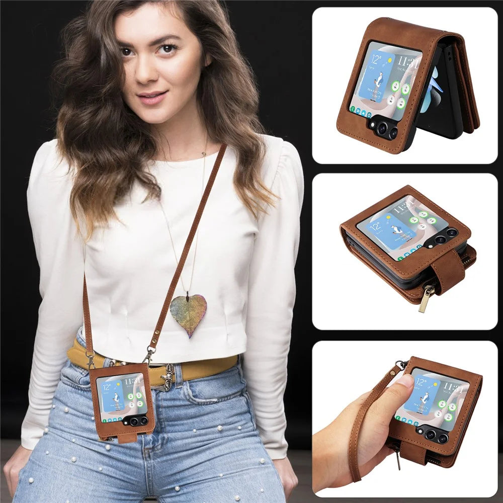For Samsung Galaxy Z Flip5 5G Case Zipper Multi-Pocket Wallet Leather Phone Cover with Shoulder and Wrist Straps - Brown - 4