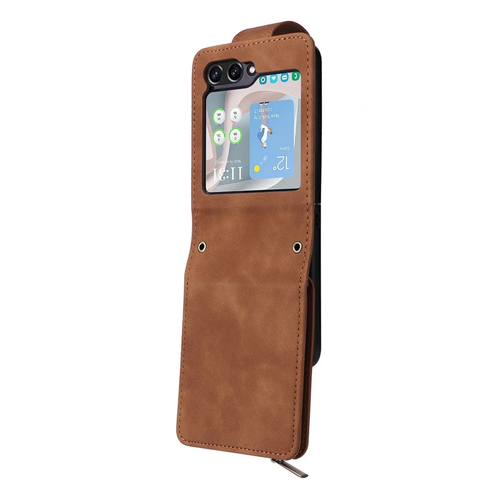 For Samsung Galaxy Z Flip5 5G Case Zipper Multi-Pocket Wallet Leather Phone Cover with Shoulder and Wrist Straps - Brown - 6
