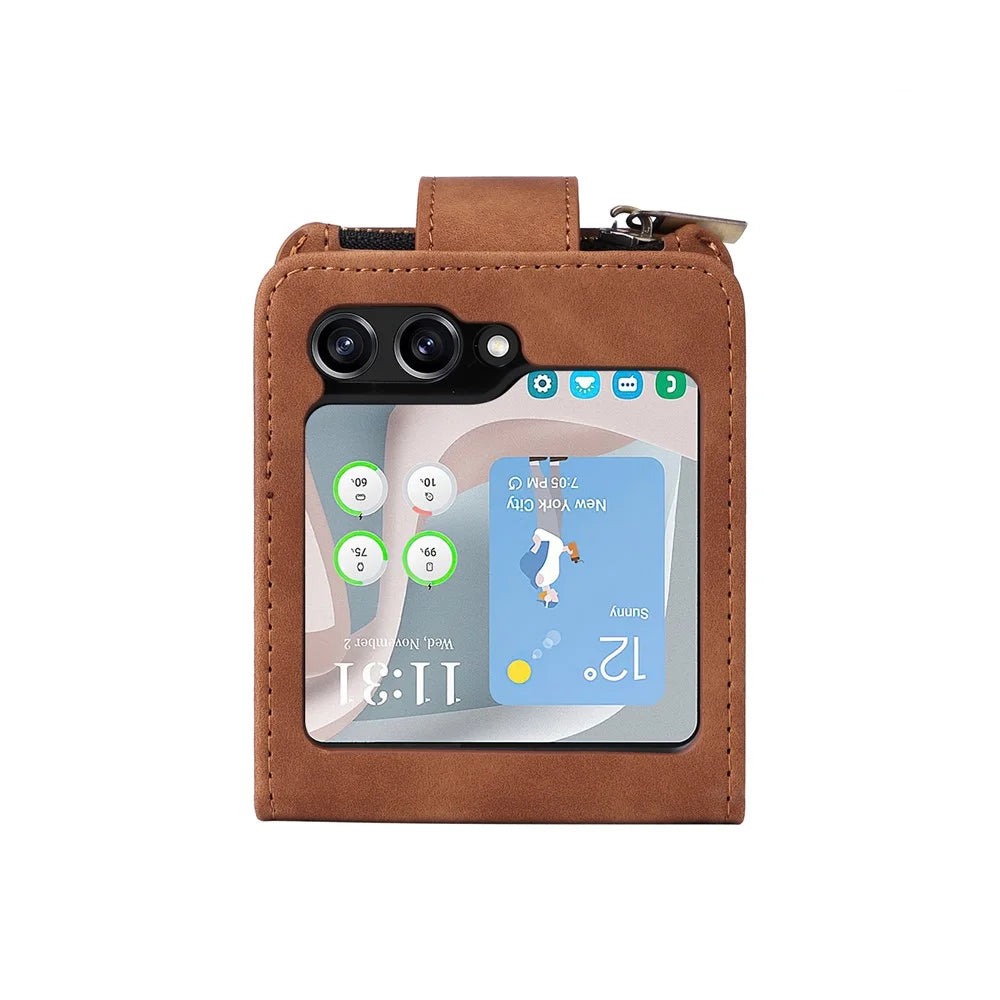 For Samsung Galaxy Z Flip5 5G Case Zipper Multi-Pocket Wallet Leather Phone Cover with Shoulder and Wrist Straps - Brown - 7