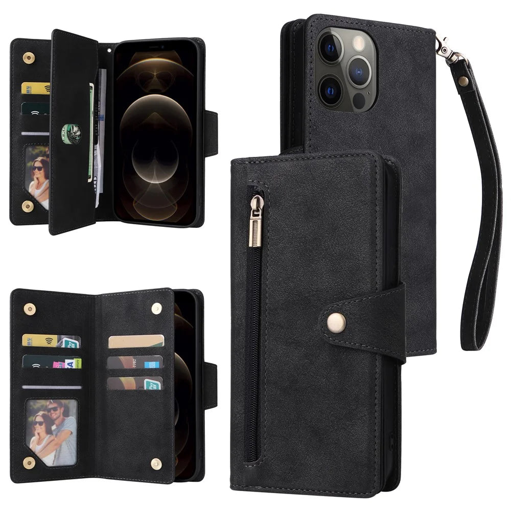 For iPhone 12 Pro Max Case Rivet Decor PU Leather Wallet Flip Phone Cover - Black - 1