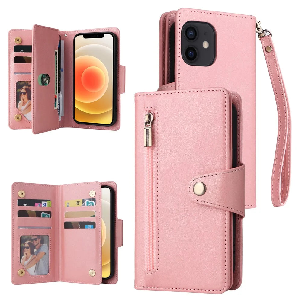 For iPhone 12 mini Shockproof Case Rivet Decor PU Leather Phone Cover - Rose Gold - 1