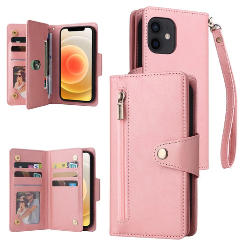 For iPhone 12 mini Shockproof Case Rivet Decor PU Leather Phone Cover - Rose Gold - 1