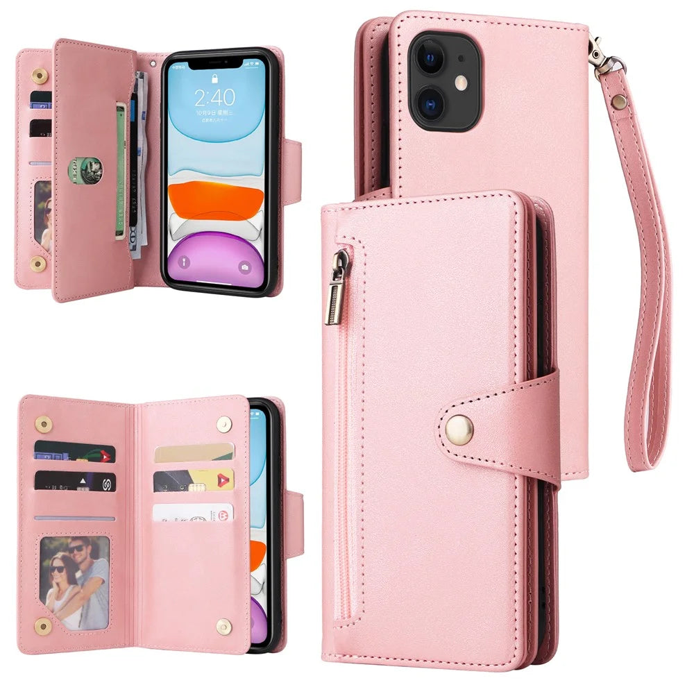 For iPhone 11 Case PU Leather Stand Phone Cover with Rivet Decor - Rose Gold - 1