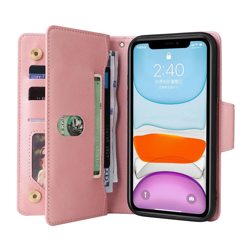 For iPhone 11 Case PU Leather Stand Phone Cover with Rivet Decor - Rose Gold - 2