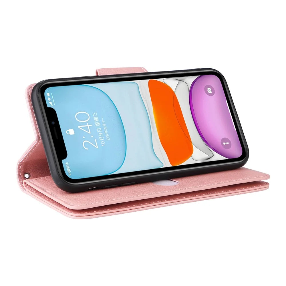 For iPhone 11 Case PU Leather Stand Phone Cover with Rivet Decor - Rose Gold - 5