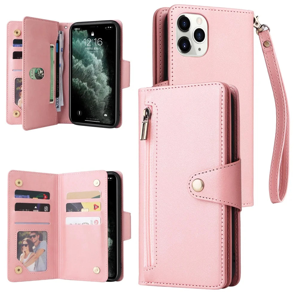 For iPhone 11 Pro Case PU Leather Rivet Decor Stand Flip Phone Cover Wallet - Rose Gold - 1
