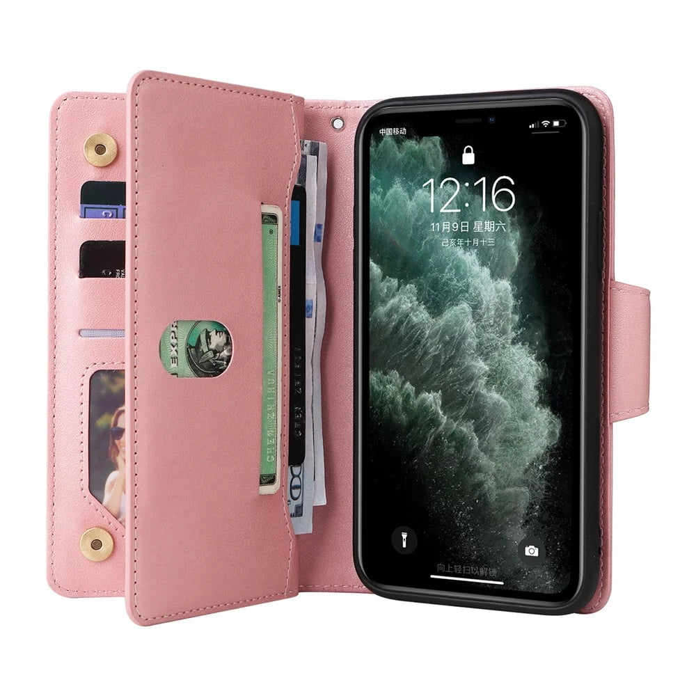For iPhone 11 Pro Case PU Leather Rivet Decor Stand Flip Phone Cover Wallet - Rose Gold - 2