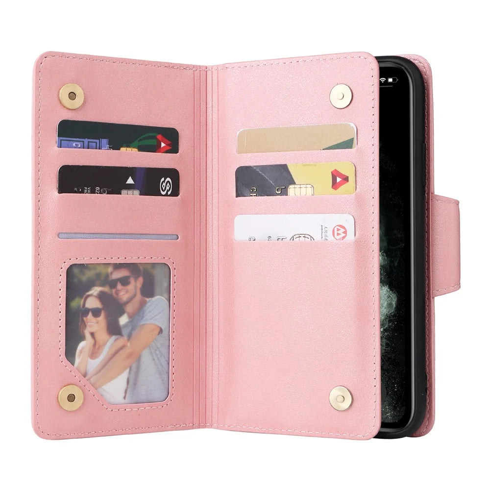 For iPhone 11 Pro Case PU Leather Rivet Decor Stand Flip Phone Cover Wallet - Rose Gold - 3