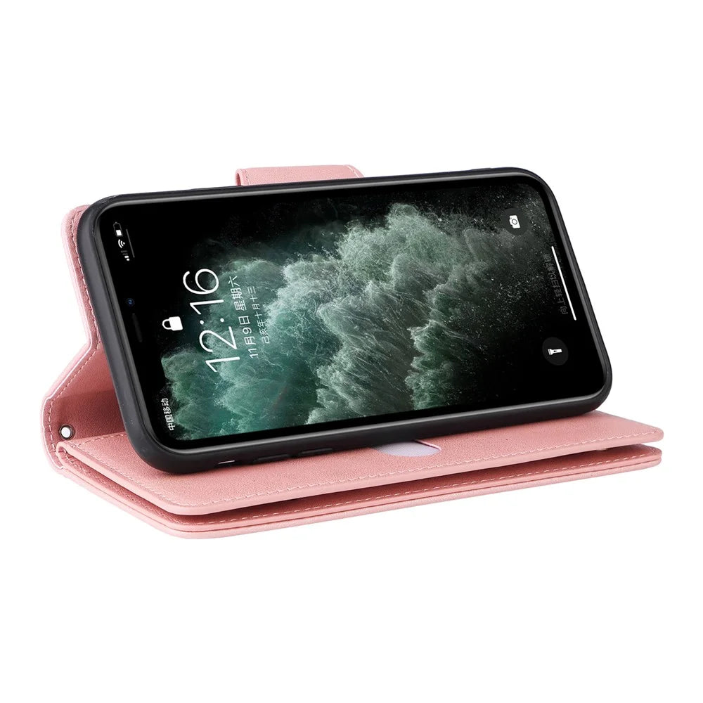 For iPhone 11 Pro Case PU Leather Rivet Decor Stand Flip Phone Cover Wallet - Rose Gold - 5