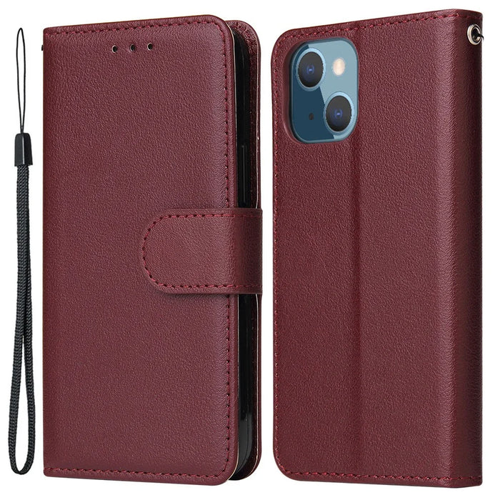 For iPhone 13 mini Case PU Leather Phone Cover with Card Slots Wallet - Wine Red - 1