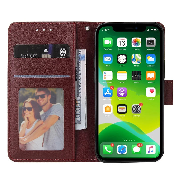 For iPhone 13 mini Case PU Leather Phone Cover with Card Slots Wallet - Wine Red - 2