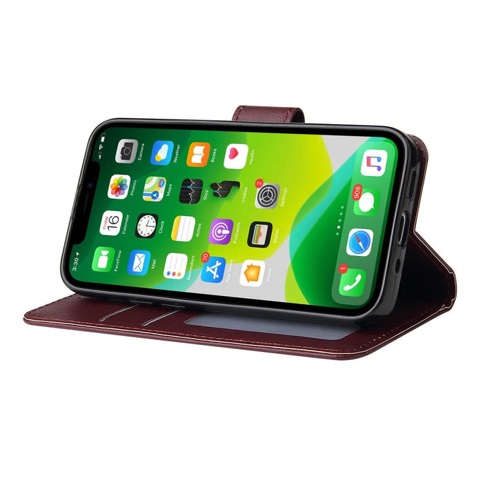For iPhone 13 mini Case PU Leather Phone Cover with Card Slots Wallet - Wine Red - 3