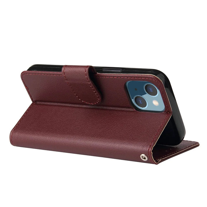 For iPhone 13 mini Case PU Leather Phone Cover with Card Slots Wallet - Wine Red - 4