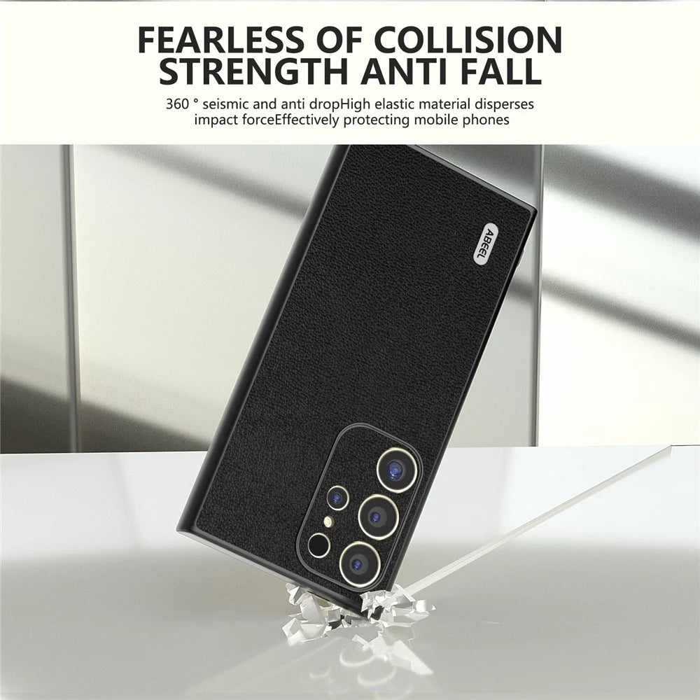 ABEEL For Samsung Galaxy S24 Ultra Case Genuine Cow Leather Litchi Texture Phone Back Cover - Black - 3