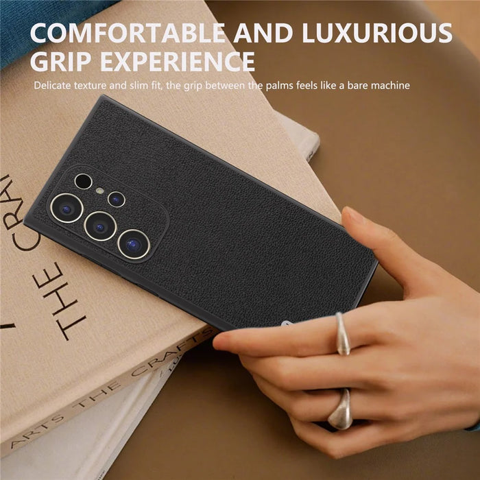 ABEEL For Samsung Galaxy S24 Ultra Case Genuine Cow Leather Litchi Texture Phone Back Cover - Black - 6