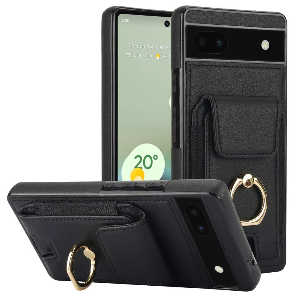 For Google Pixel 6a Phone Case PU Leather+TPU Card Holder Cover with Ring Holder - Black - 1
