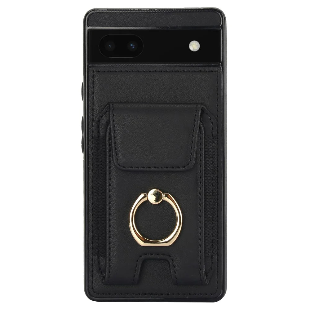 For Google Pixel 6a Phone Case PU Leather+TPU Card Holder Cover with Ring Holder - Black - 2