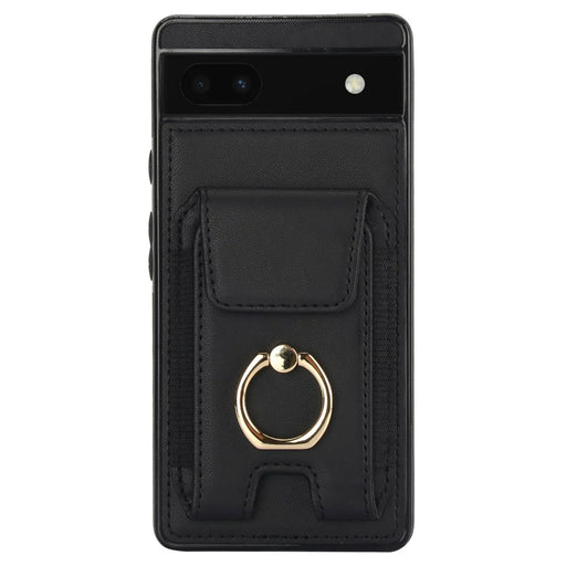 For Google Pixel 6a Phone Case PU Leather+TPU Card Holder Cover with Ring Holder - Black - 2