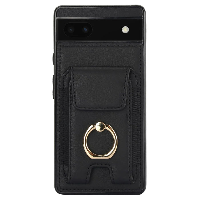For Google Pixel 6a Phone Case PU Leather+TPU Card Holder Cover with Ring Holder - Black - 2