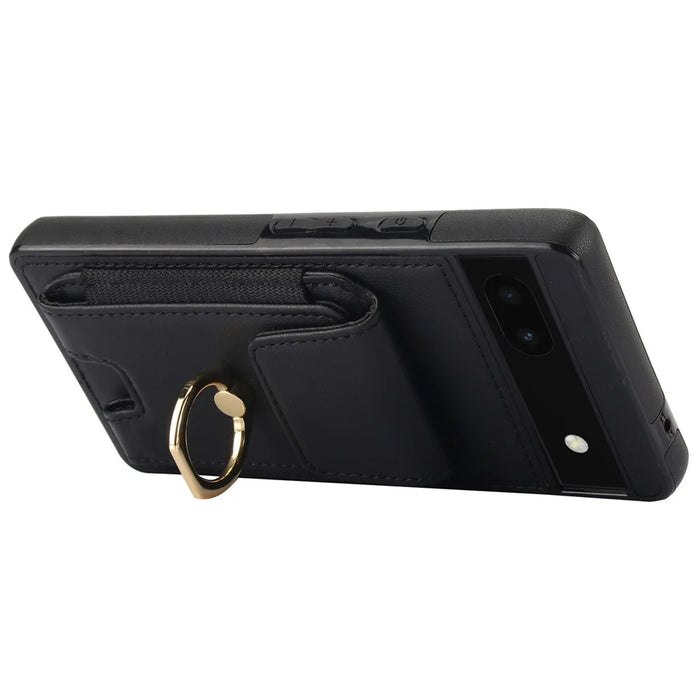 For Google Pixel 6a Phone Case PU Leather+TPU Card Holder Cover with Ring Holder - Black - 4