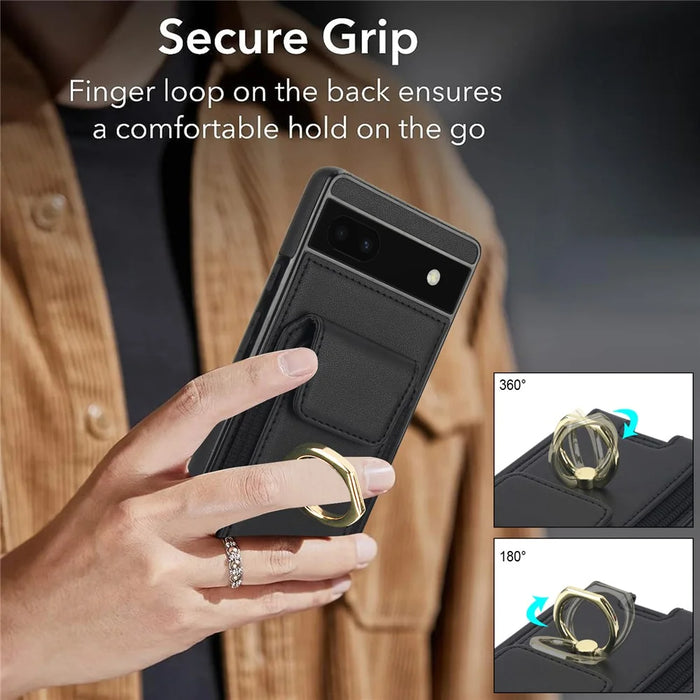 For Google Pixel 6a Phone Case PU Leather+TPU Card Holder Cover with Ring Holder - Black - 5