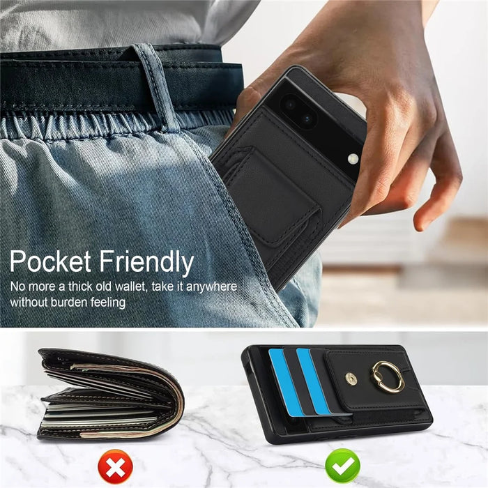 For Google Pixel 6a Phone Case PU Leather+TPU Card Holder Cover with Ring Holder - Black - 6