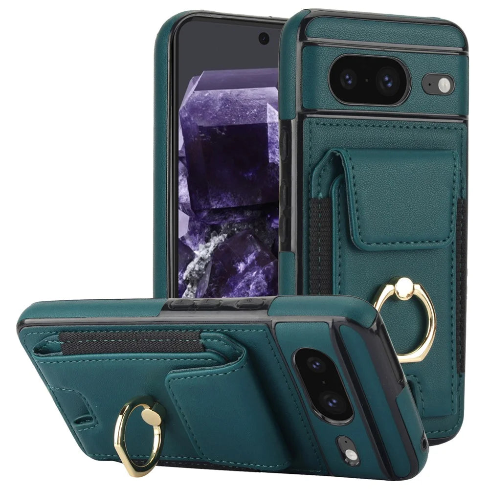For Google Pixel 8 Case Ring Holder PU Leather+TPU Card Holder Phone Cover - Green - 1