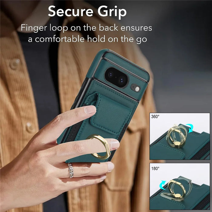 For Google Pixel 8 Case Ring Holder PU Leather+TPU Card Holder Phone Cover - Green - 5