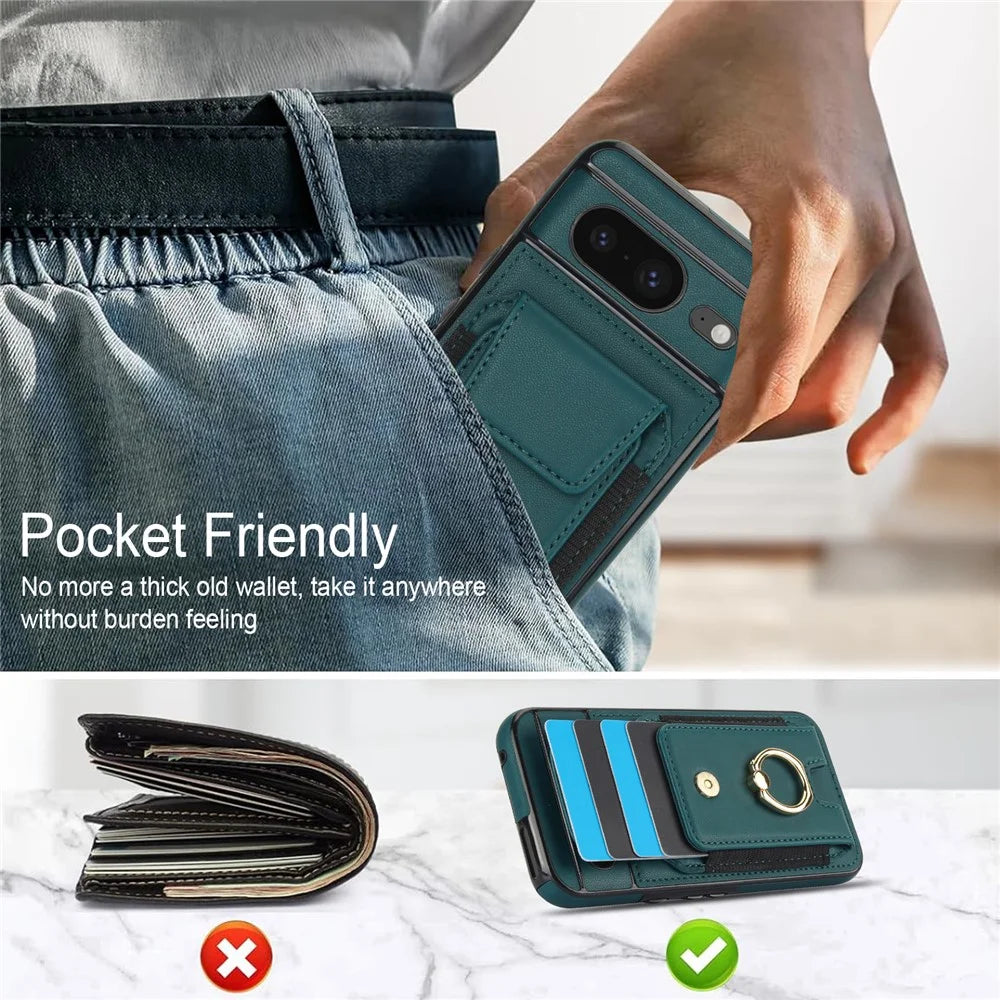 For Google Pixel 8 Case Ring Holder PU Leather+TPU Card Holder Phone Cover - Green - 6