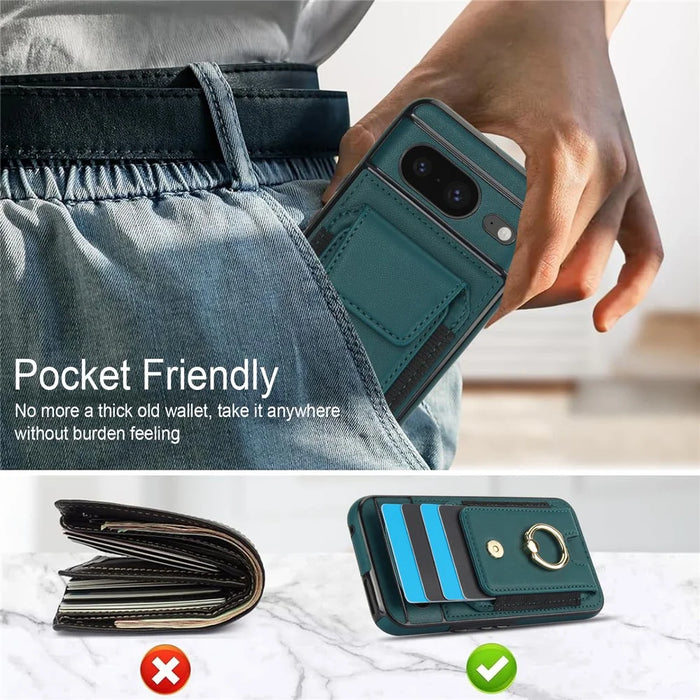 For Google Pixel 8 Case Ring Holder PU Leather+TPU Card Holder Phone Cover - Green - 6