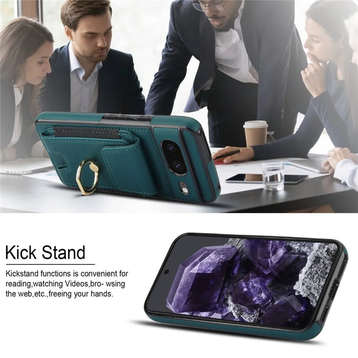 For Google Pixel 8 Case Ring Holder PU Leather+TPU Card Holder Phone Cover - Green - 7