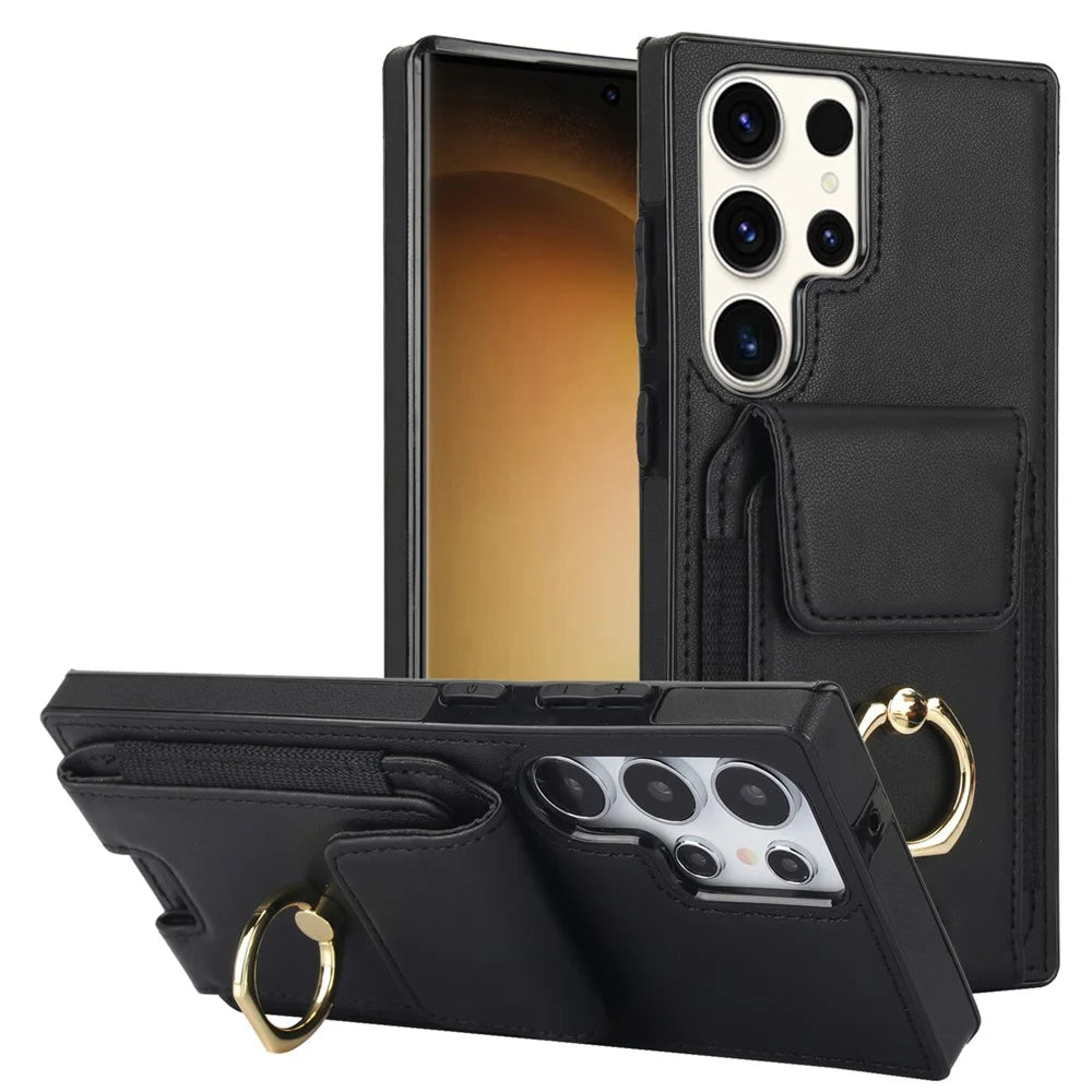 For Samsung Galaxy S23 Ultra Case Leather + TPU Kickstand Card Holder Phone Cover - Black - 1