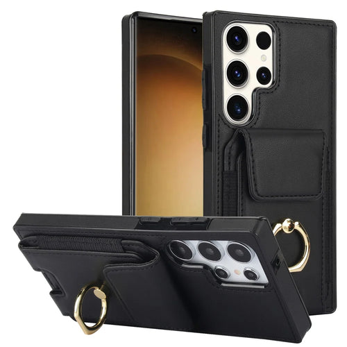 For Samsung Galaxy S23 Ultra Case Leather + TPU Kickstand Card Holder Phone Cover - Black - 1
