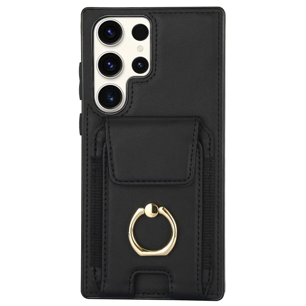 For Samsung Galaxy S23 Ultra Case Leather + TPU Kickstand Card Holder Phone Cover - Black - 2