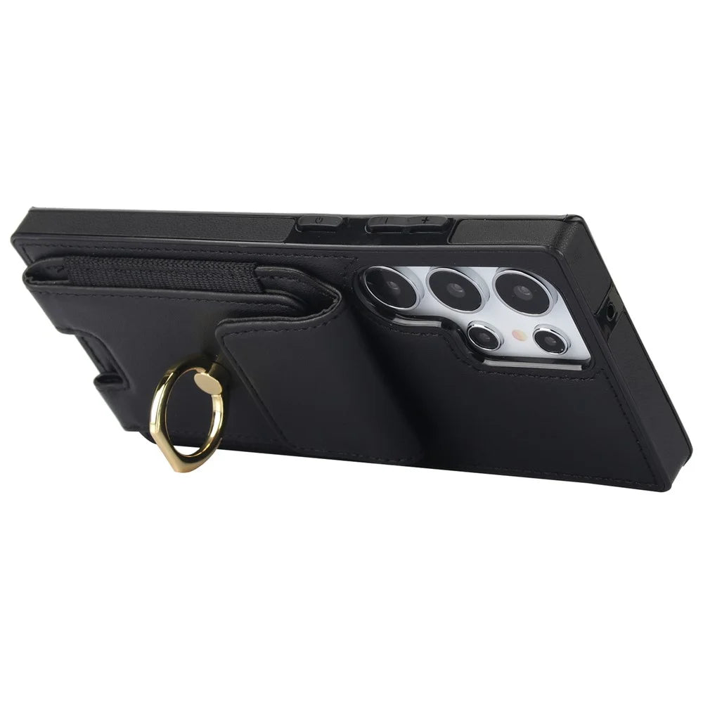 For Samsung Galaxy S23 Ultra Case Leather + TPU Kickstand Card Holder Phone Cover - Black - 4