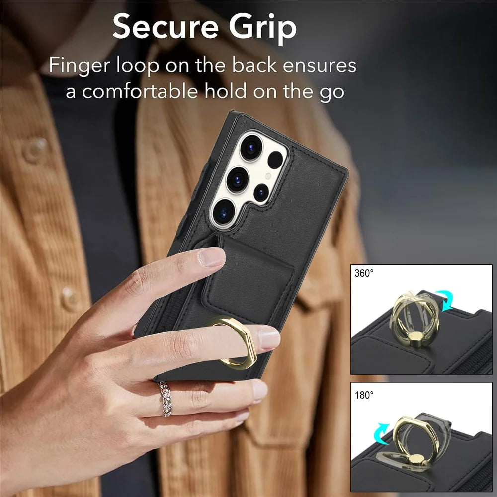 For Samsung Galaxy S23 Ultra Case Leather + TPU Kickstand Card Holder Phone Cover - Black - 5