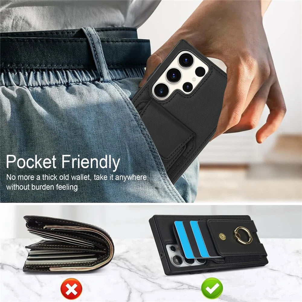 For Samsung Galaxy S23 Ultra Case Leather + TPU Kickstand Card Holder Phone Cover - Black - 6
