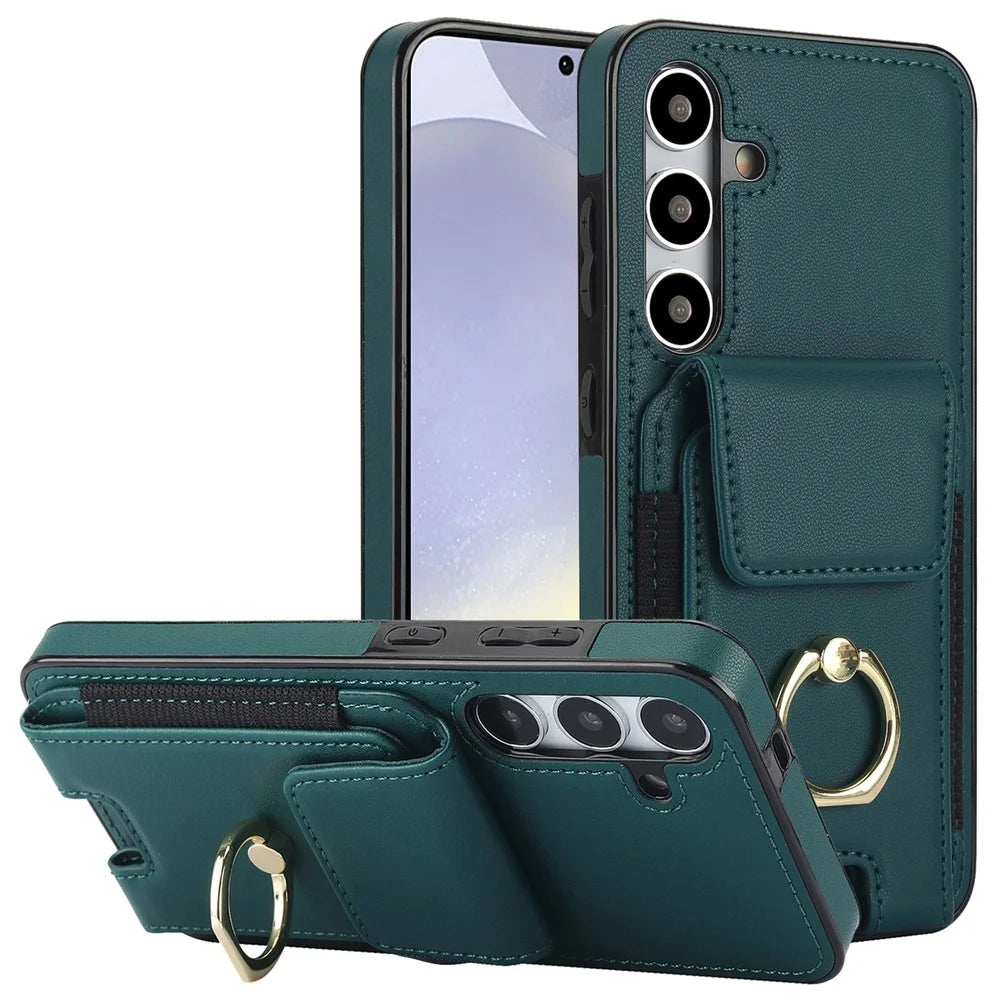 For Samsung Galaxy S24 Case Leather Coated TPU Kickstand Card Holder Phone Cover - Green - 1