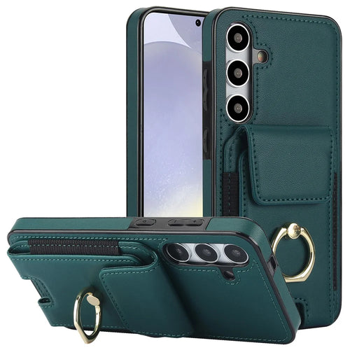 For Samsung Galaxy S24 Case Leather Coated TPU Kickstand Card Holder Phone Cover - Green - 1