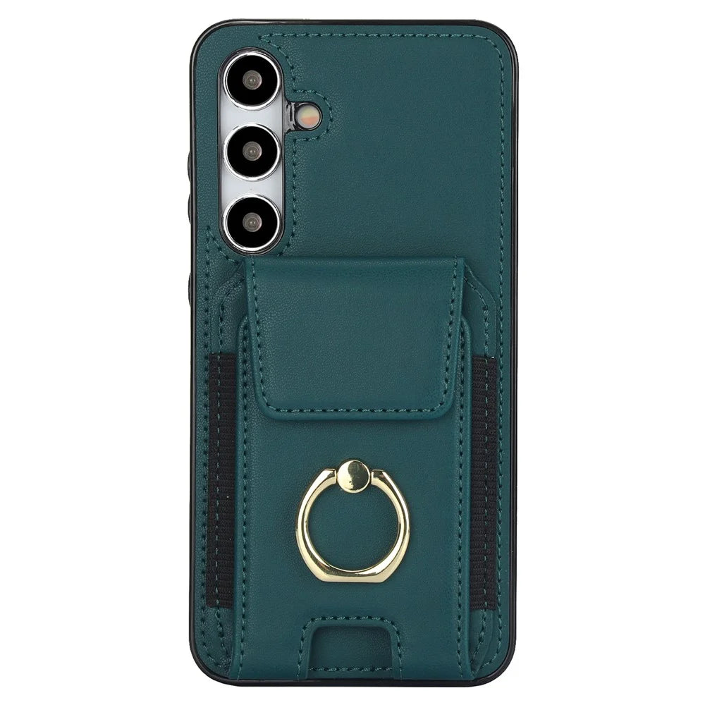 For Samsung Galaxy S24 Case Leather Coated TPU Kickstand Card Holder Phone Cover - Green - 2