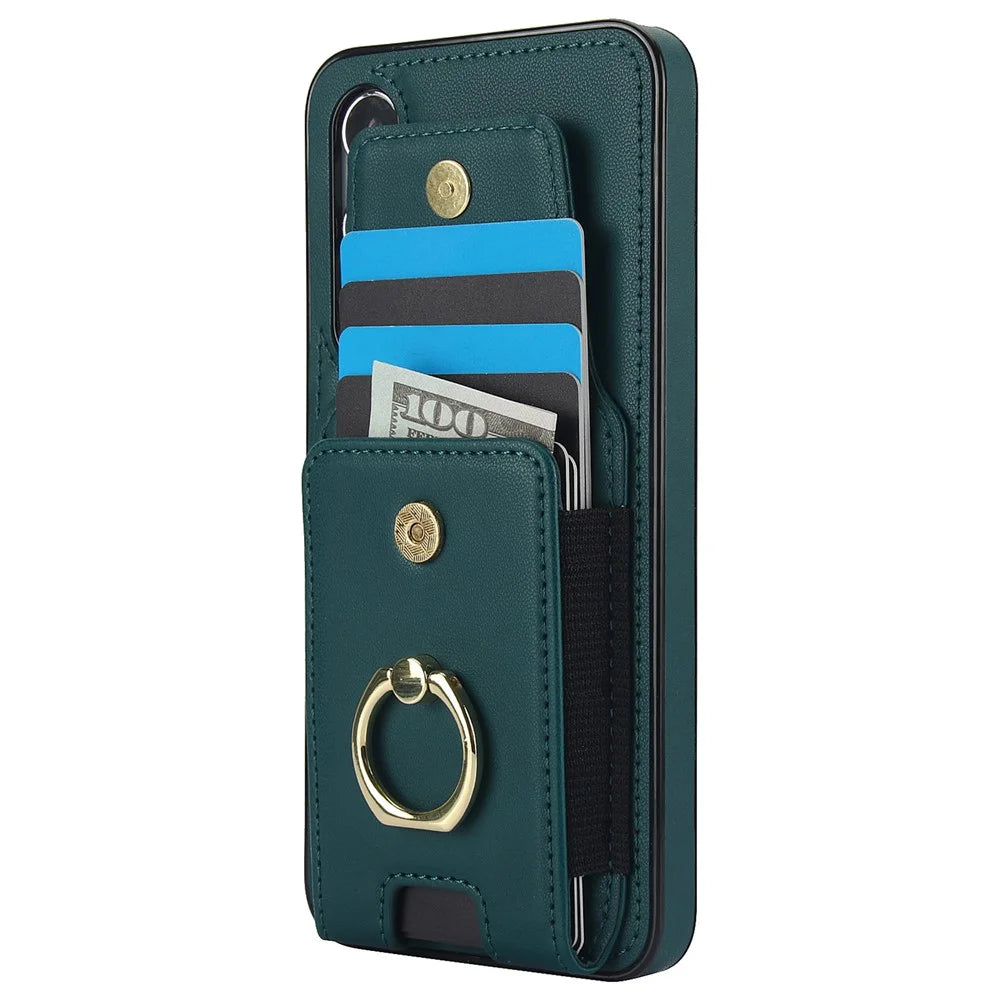 For Samsung Galaxy S24 Case Leather Coated TPU Kickstand Card Holder Phone Cover - Green - 3