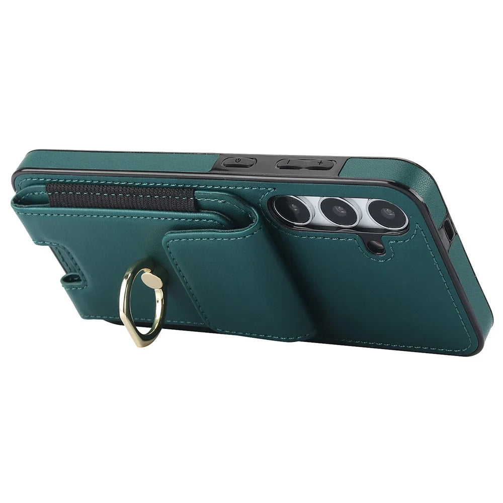 For Samsung Galaxy S24 Case Leather Coated TPU Kickstand Card Holder Phone Cover - Green - 4