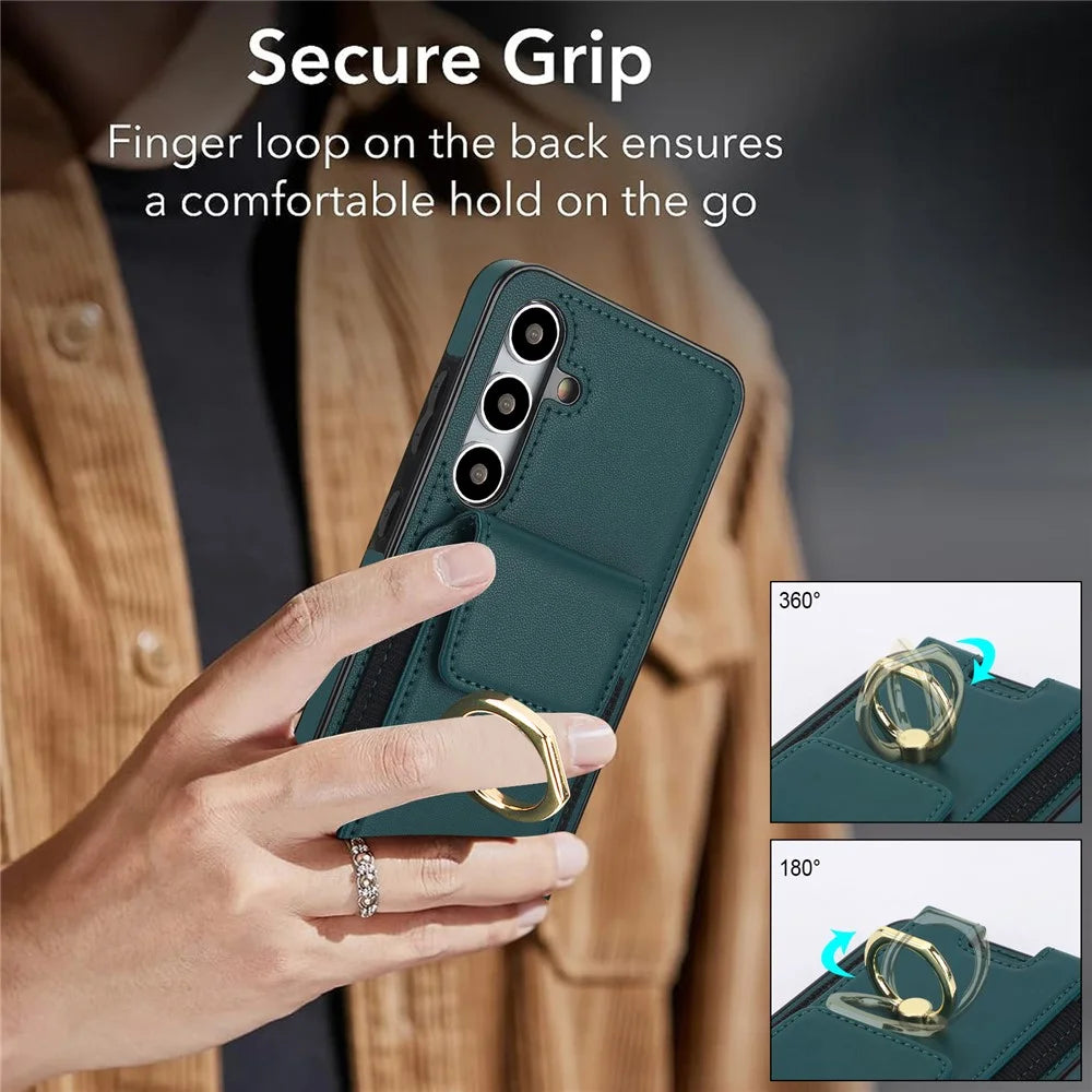 For Samsung Galaxy S24 Case Leather Coated TPU Kickstand Card Holder Phone Cover - Green - 5