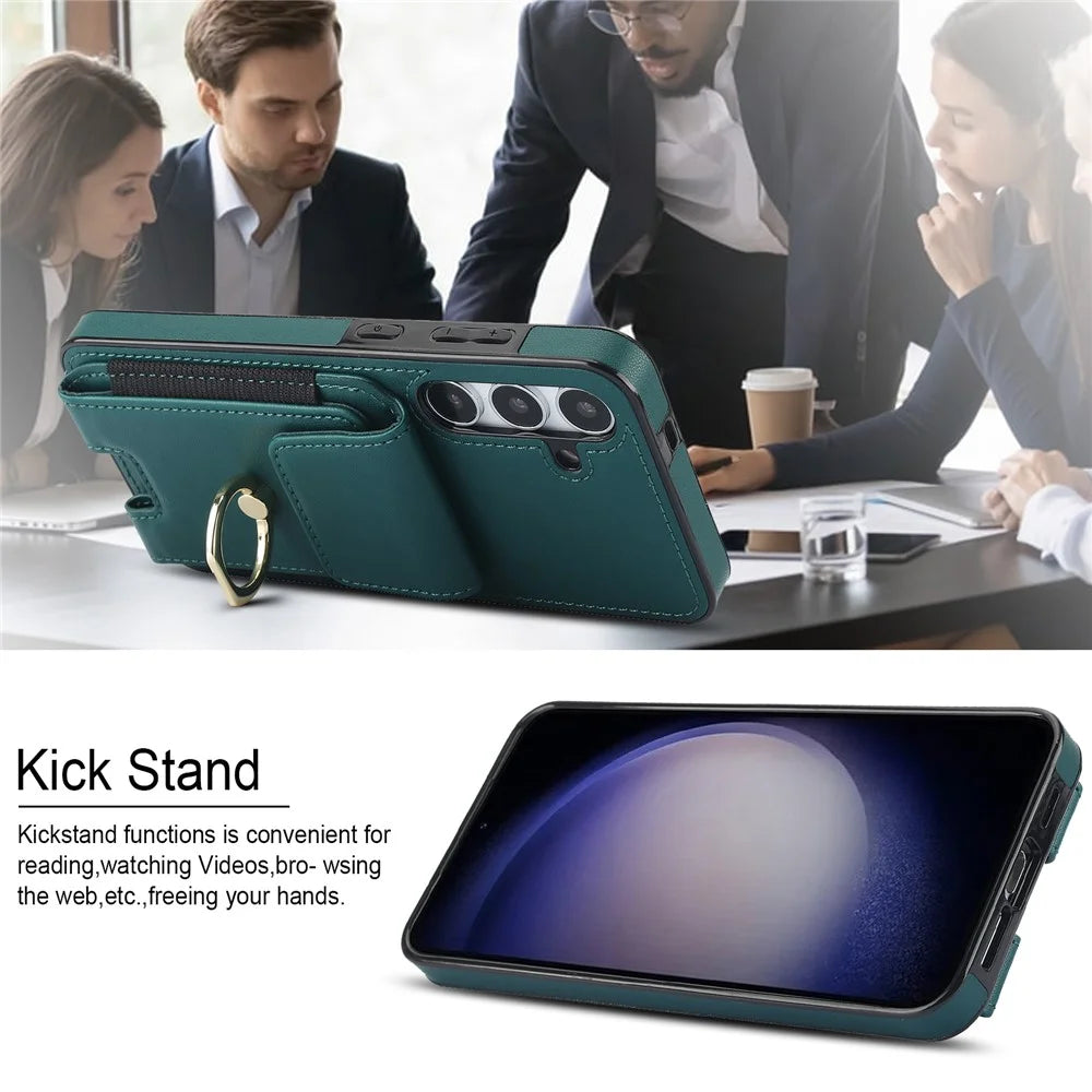 For Samsung Galaxy S24 Case Leather Coated TPU Kickstand Card Holder Phone Cover - Green - 7