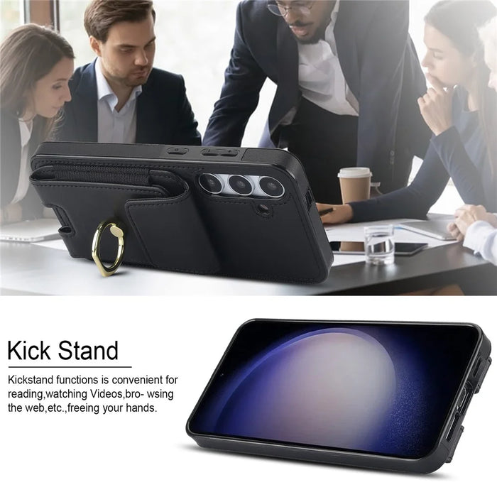 For Samsung Galaxy S24+ Case Drop-proof PU Leather+TPU Kickstand Smart Phone Cover - Black - 7